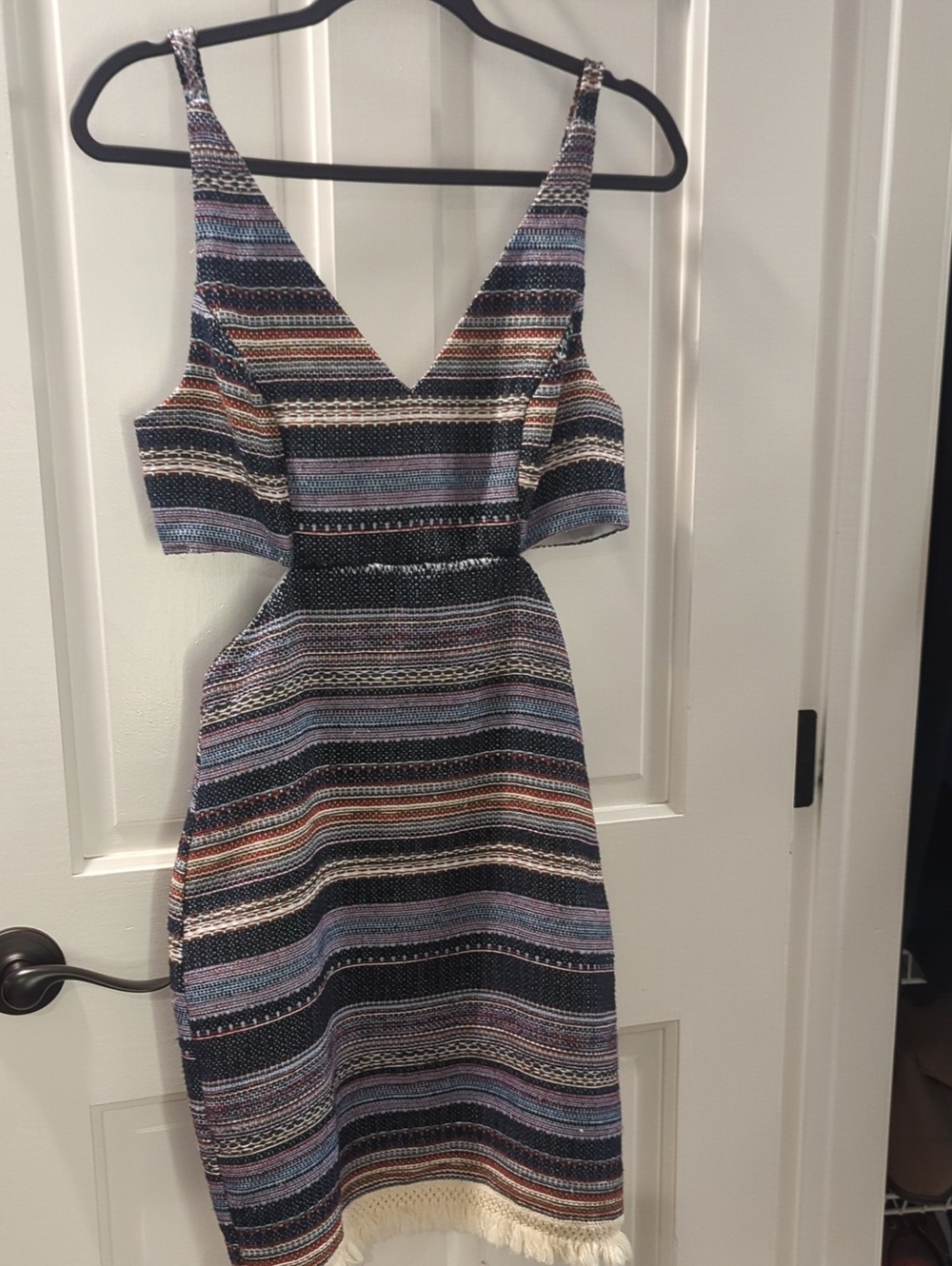 VENUS Multicolor Striped V-Neck Midi Dress with Cutouts